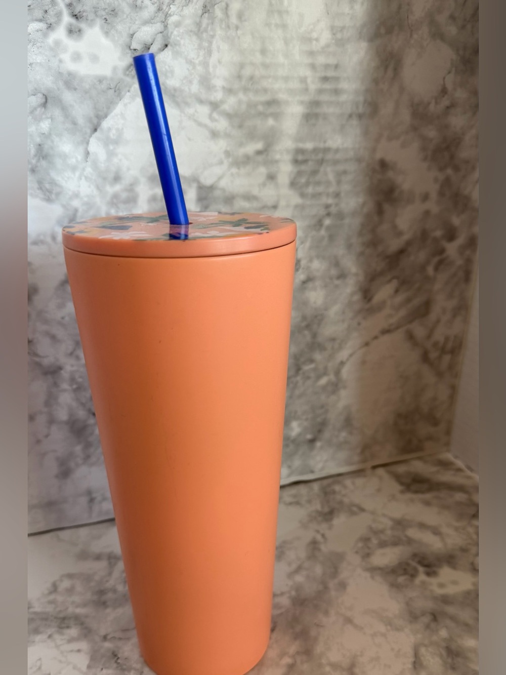 Starbucks Peach Matte Tumbler with Floral Lid and Blue Straw - Picture 2 of 4
